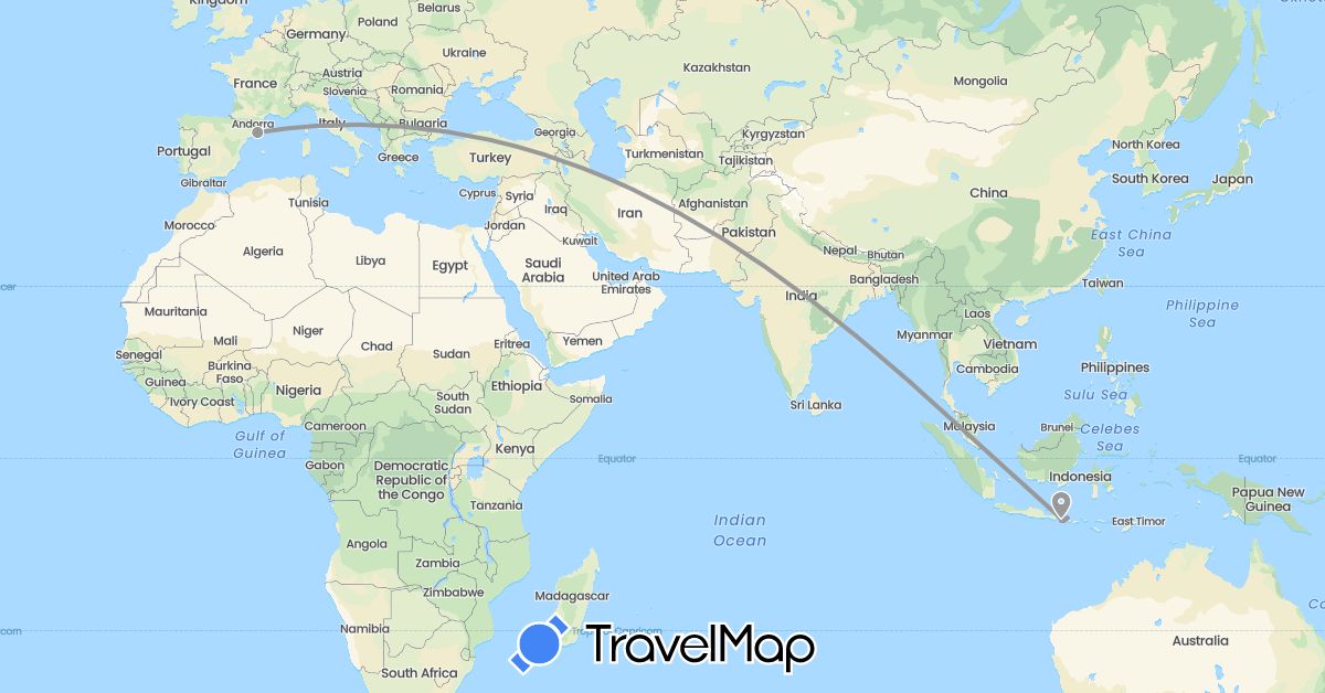 TravelMap itinerary: driving, plane in Spain, Indonesia (Asia, Europe)